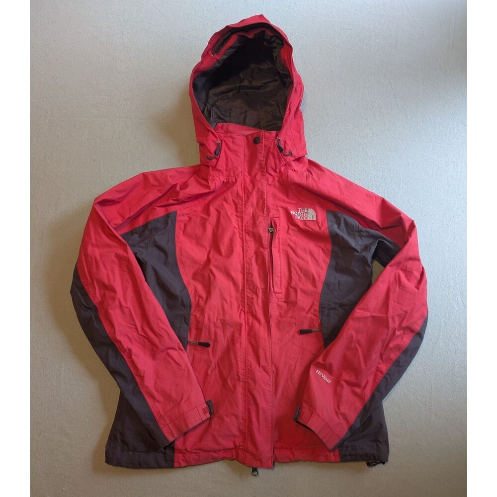 The North Face Womens HyVent Rain Jacket Hooded Parka Red Dark Grey Medium